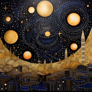 Exclusive Klimt Style Nightscapes in 23K!  Set of 5.  Print on demand, instant download. Gustav inspired design.  Digital art boho style