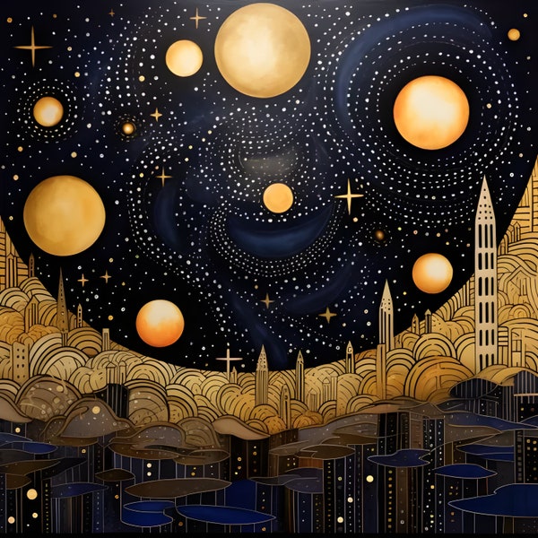Exclusive Klimt Style Nightscapes in 23K!  Set of 5.  Print on demand, instant download. Gustav inspired design.  Digital art boho style