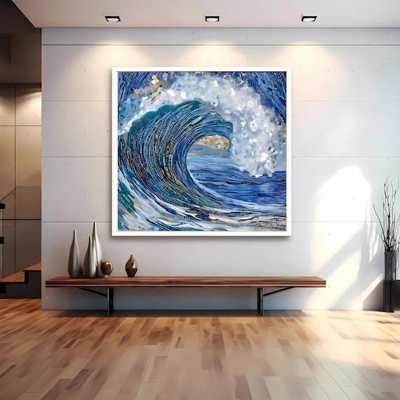 Cool Ocean Wave Print, Mosaic Ocean Design, Art Nouveau