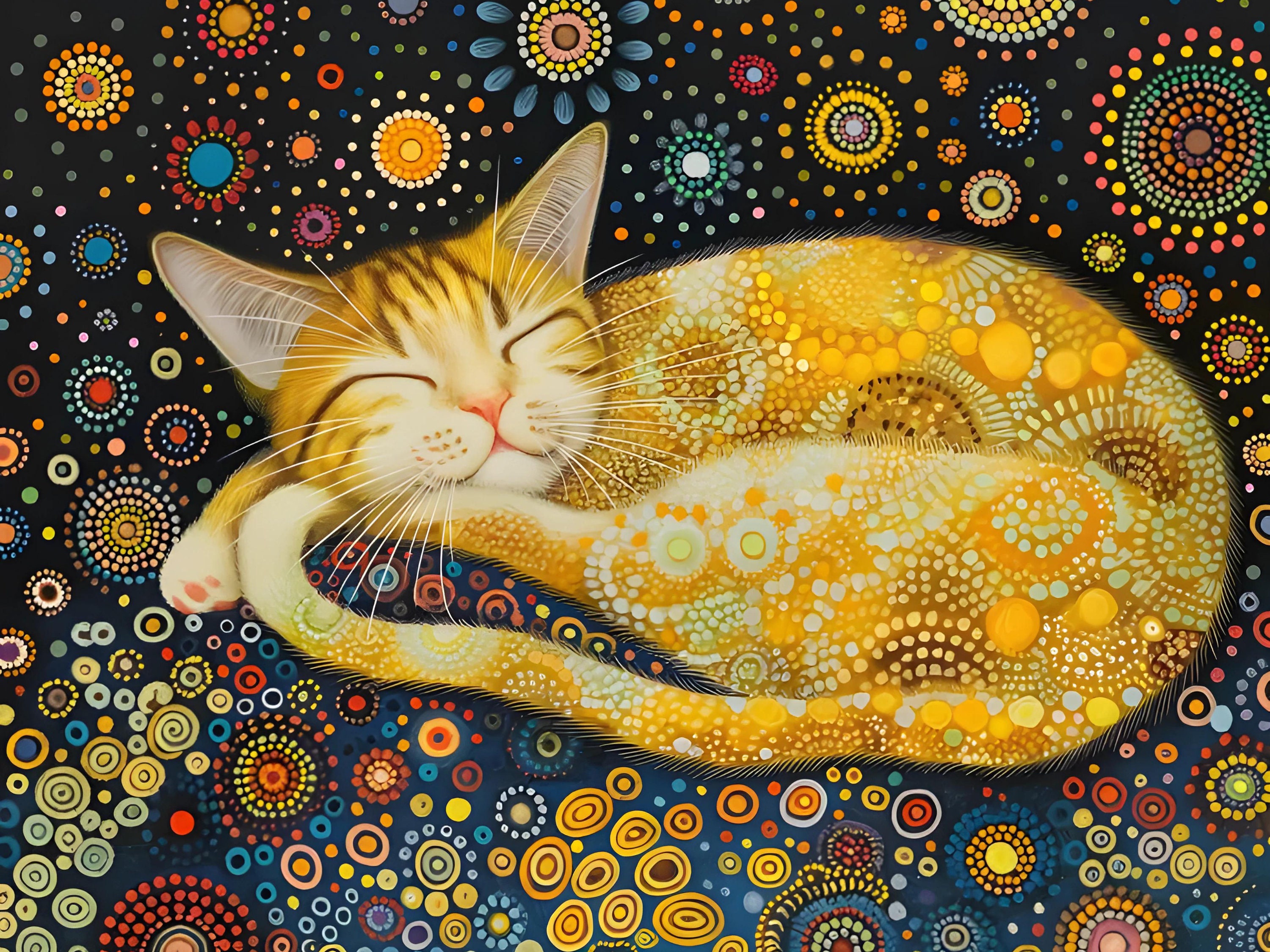 けい様　お取り置き中　自作絵画　黄色いソファ　猫とネズミの絵　買い物帰り 草間彌生の猫アート 5 点セット 20K! カラフルな猫のアートワーク