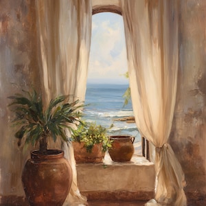 Puede incluir: Pintura al óleo de una escena costera soleada. Una gran maceta de cerámica marrón con una planta verde está cerca de una ventana. Dos macetas más pequeñas con plantas están en una repisa, con cortinas transparentes que enmarcan el mar y el cielo.