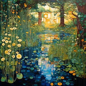 May include: A painting depicting a forest stream with a blue and green water reflection. The stream is surrounded by lush green foliage and yellow flowers. The trees in the background are tall and green.
