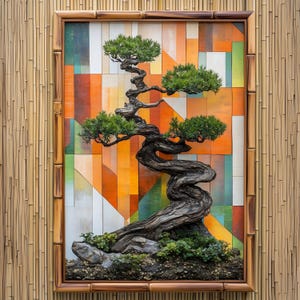 Stampa artistica di bonsai / Decorazione murale in pino giapponese / Opera d'arte di giardino zen / Sfondo geometrico moderno / Fotografia naturalistica / Decorazione per ufficio