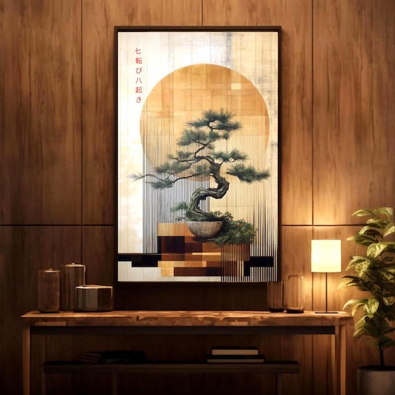 Inspirational Zen Decor - Wood Panel Styling Bonsai Print - Japandi Wall Art - Harmonious Sun Design