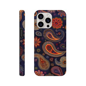 May include: A phone case with a paisley pattern in shades of blue, orange, red, and yellow. The case has a cutout for the camera lens.