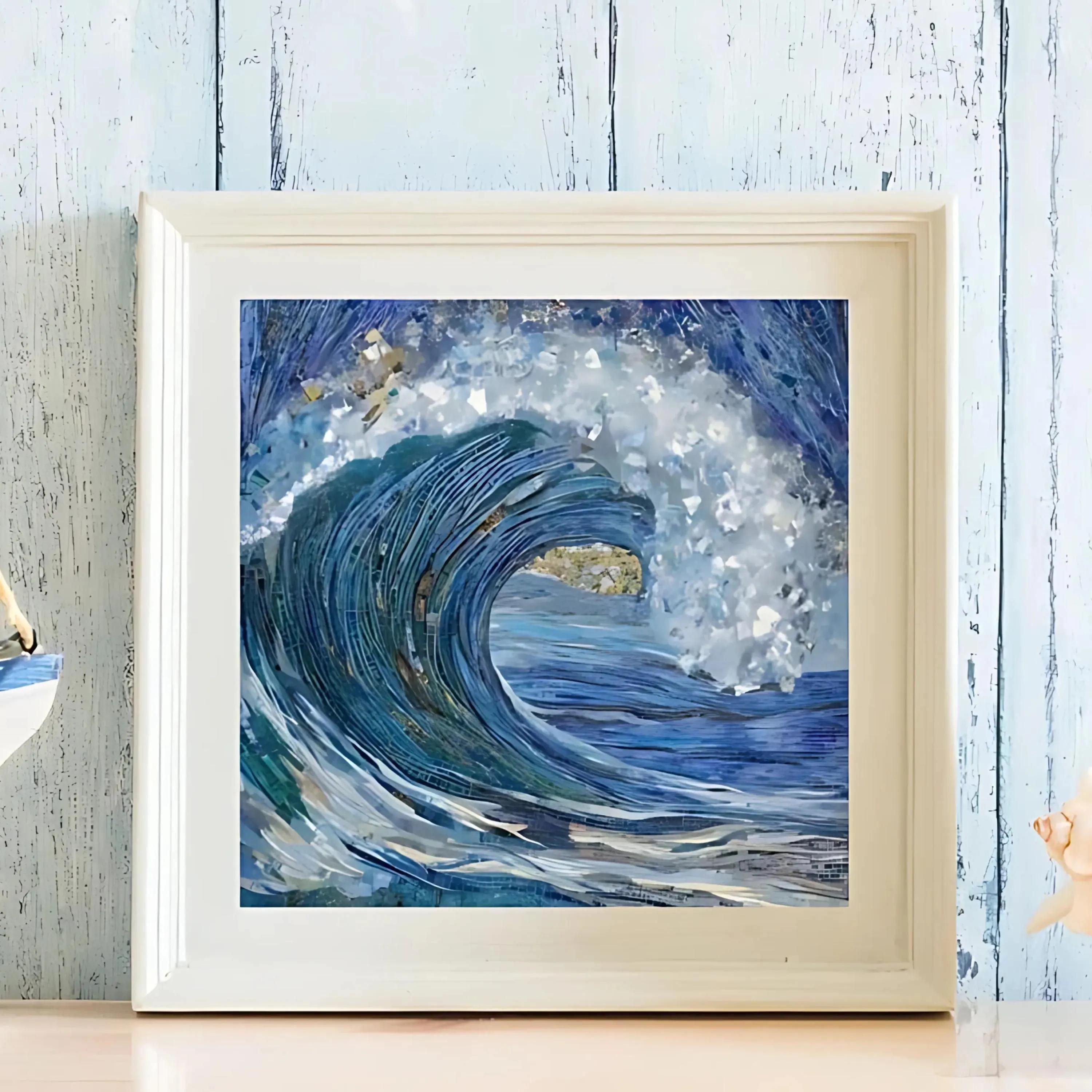 Cool Ocean Wave Print, Mosaic Ocean Design, Art Nouveau