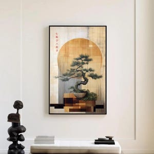 Zen Decor of an ancient Japanese bonsai tree at the center, surrounded by vertical lines and geometric shapes on wood panels, with a large circular sun behind it, creating a harmonious balance between nature, beauty and modern design.