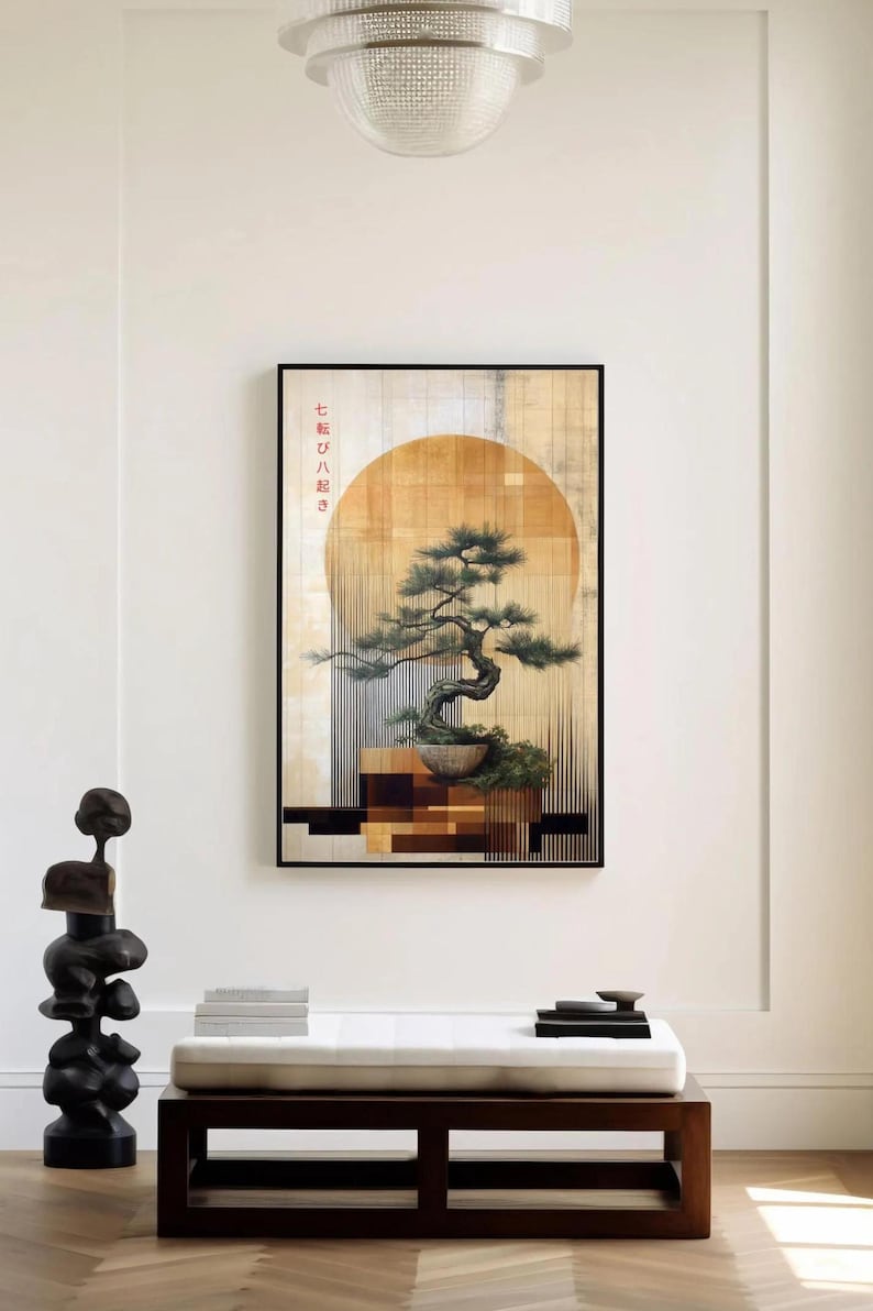 Zen Decor of an ancient Japanese bonsai tree at the center, surrounded by vertical lines and geometric shapes on wood panels, with a large circular sun behind it, creating a harmonious balance between nature, beauty and modern design.