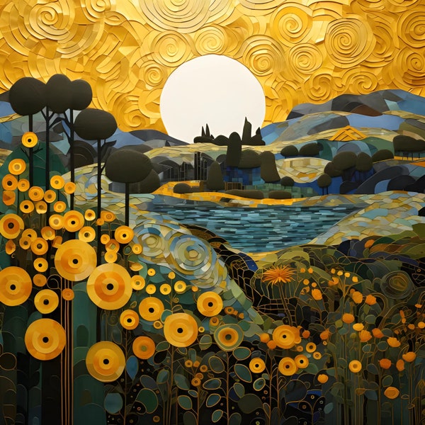 Incredible Gustav Klimt Inspired Landscapes in 25K!  Set of 5.  Print on demand, instant download. Gustav inspired design, digital art