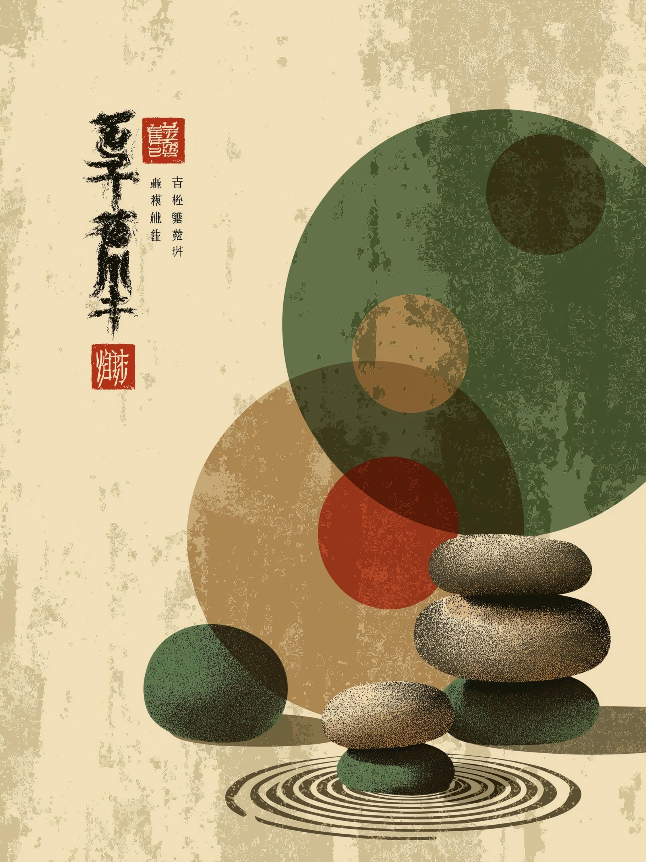 Japanese Zen Art Print Set of 5, Calligraphy Wall Decor, Green Gold ...