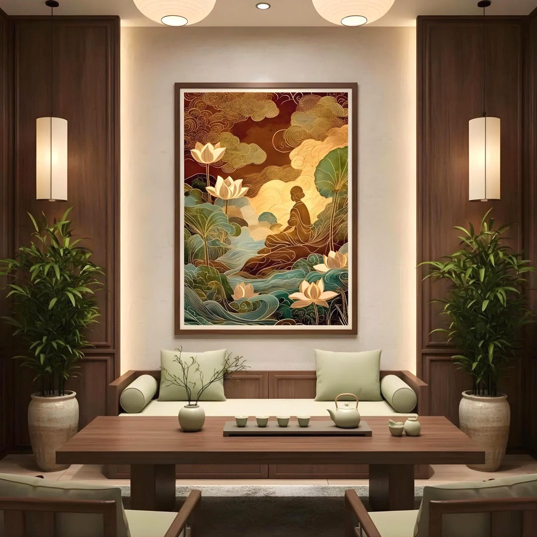 Zen Lotus Wall Art, Asian Minimalist Print With Meditative Figure ...