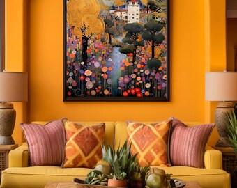 Gustav Klimt Golden Landscape Print: Vibrant Trees, Flowers, River & Buildings - Dreamy Art Nouveau,  Paradise Wall Decor, Museum Quality