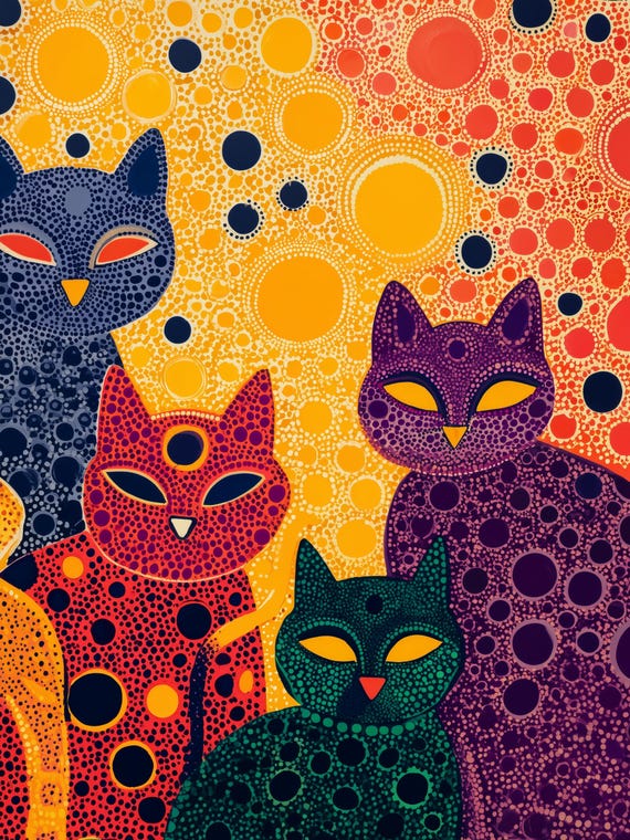 草間彌生風猫アートセット - 水玉模様の猫のプリント5枚 - デジタル