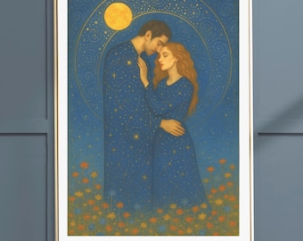 Amantes celestiais se abraçam sob o luar - Impressão artística romântica em azul e dourado - Decoração de parede inspirada em Noite Estrelada de Klimt