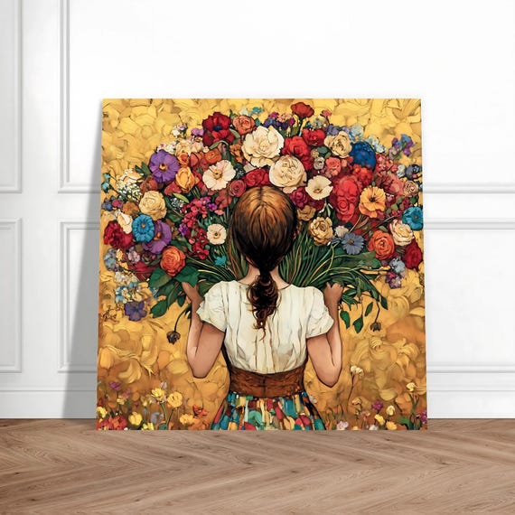 Ryoko 油彩画 女性像 花柄 花を持つ少女の壁掛けアートプリント - 色とりどりの花束をあしらった