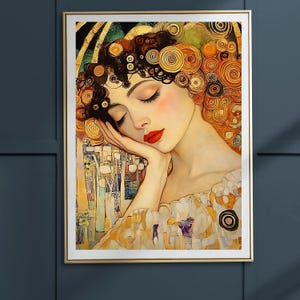 Stampa Golden Dreams / Arte murale ispirata a Klimt / Ritratto a spirale dorata / Volto di donna Nouveau / Dipinto astratto moderno per l'arredamento della casa