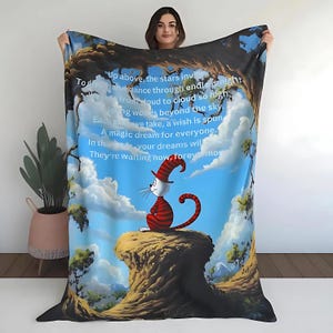 Samt Plüschdecke - Cheshire Cat Dr. Seuss Stil, Abenteuer Fantasy Freudiger Kunstüberwurf, wunderliches Kinderdekor, Geschenk für Buchliebhaber