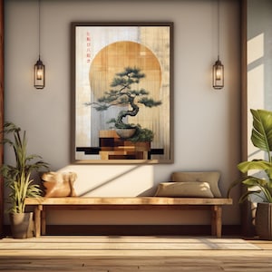 May include: A wooden bench with a cushion sits in front of a framed print of a bonsai tree in a pot. The print is set against a light beige wall with two black pendant lights hanging above. The room has a wooden floor and a wooden staircase in the background.