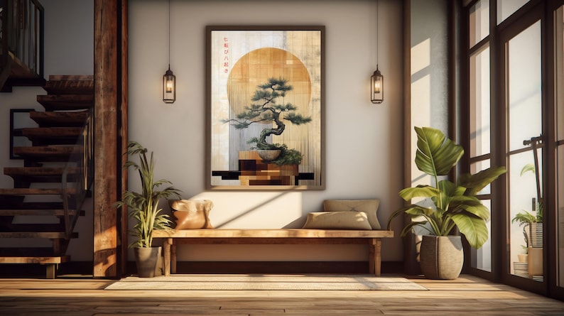 May include: A wooden bench with a cushion sits in front of a framed print of a bonsai tree in a pot. The print is set against a light beige wall with two black pendant lights hanging above. The room has a wooden floor and a wooden staircase in the background.