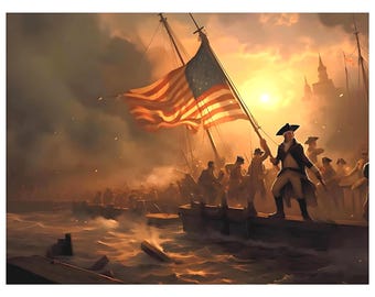 May include: A historical painting depicting a figure in a tricorn hat and military coat standing on a wooden dock, holding a large American flag. The scene is set against a golden sunset with ships in the background and smoke filling the air.