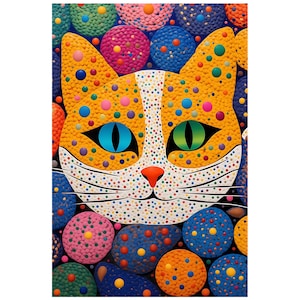 Pode incluir: Uma pintura abstrata colorida de um rosto de gato com um nariz branco e bigodes. A pelagem do gato é laranja e amarela com manchas brancas e olhos azuis. O fundo é um padrão colorido de círculos.