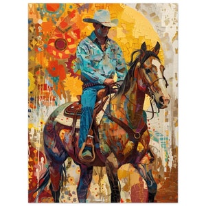 Western themed print, colorful cowboy style, horsemanship, cowboy riding horse, vibrant art portrait styled old western geometric design art