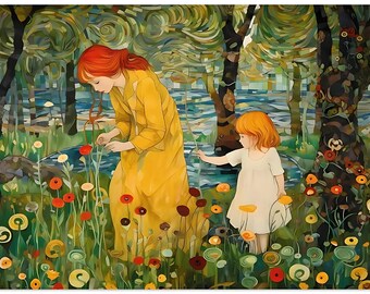 Mother and Daughter, Gustav Klimt, Flower garden print, wall art, Large poster, Klimt design landscape, museum quality poster, art nouveau