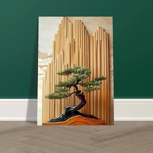 Stampa artistica da parete con albero bonsai zen giapponese - Composizione moderna di bonsai di pino - Decorazione per la casa in stile legno - Design 3D minimalista