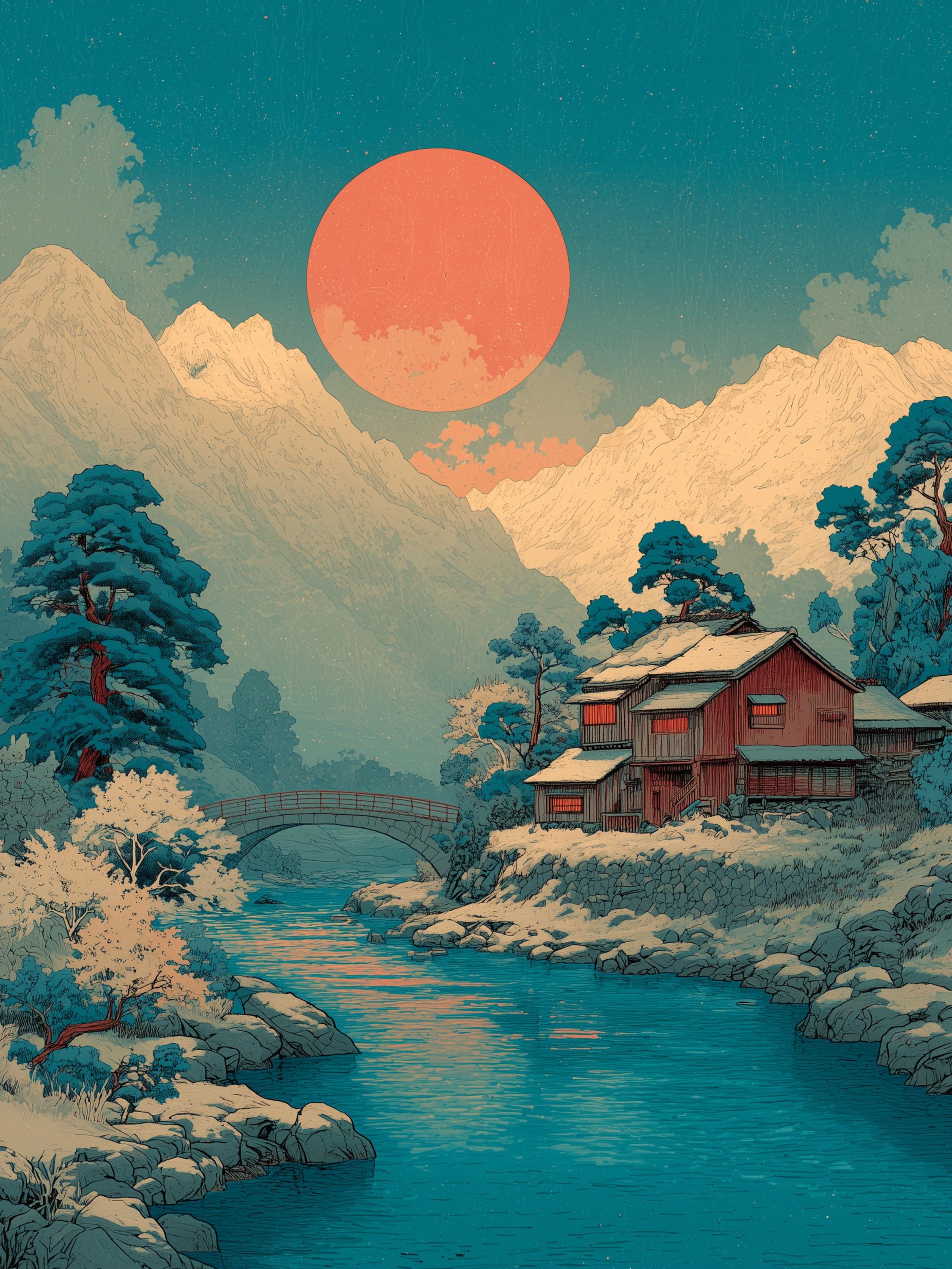 Japanese Woodblock Print Set of 5, Hiroshige Style Art, Mount Fuji