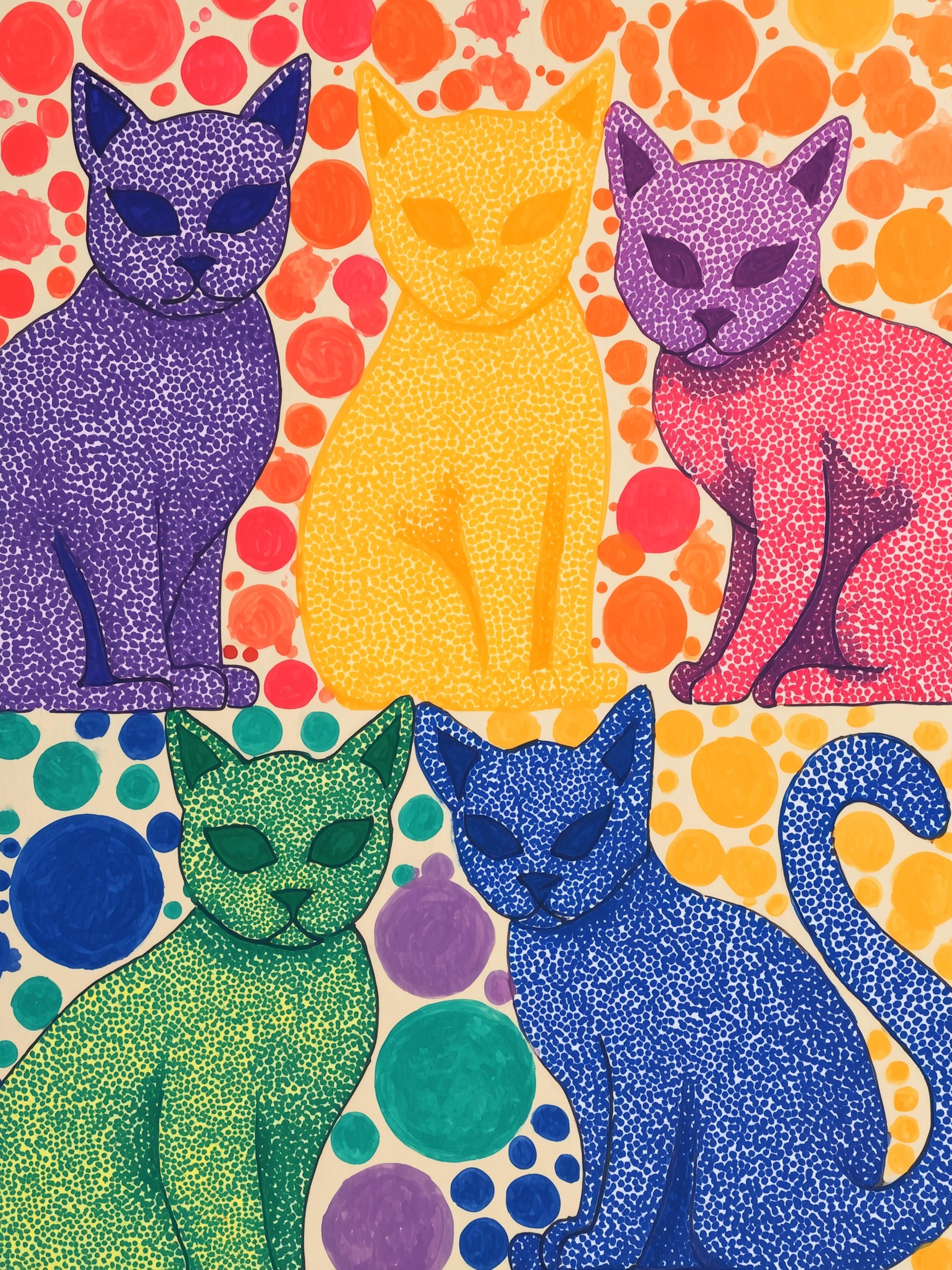 草間彌生風猫アートセット - 水玉模様の猫のプリント5枚 - デジタル