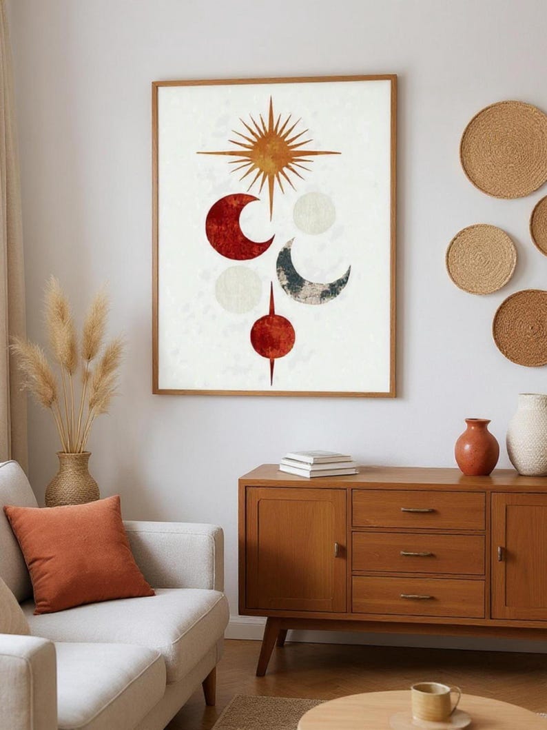 Boho Celestial Wall Art Set, Mid Century Modern Sun and Moon Printable ...