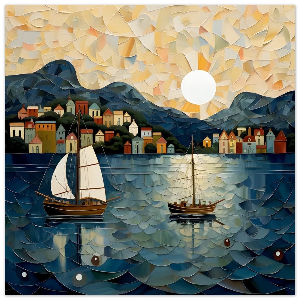 海をテーマにしたグスタフ・クリムト風のプリント、帆船の壁アート