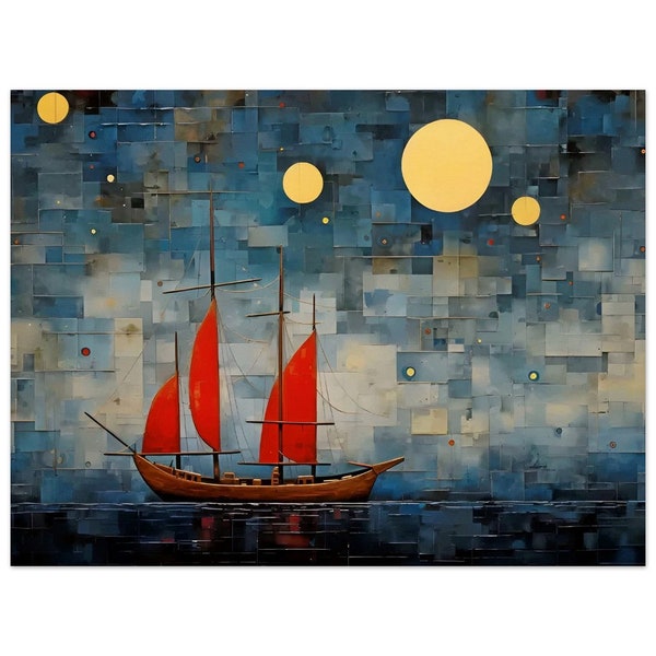 Museum-Quality Design, sailing art, boat styled art, home decor wall art, large wall art, Paul Klee inspired, ship in the night, coastal art