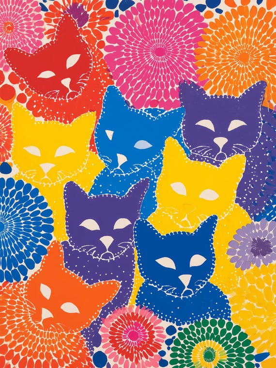 草間彌生風猫アートセット - 水玉模様の猫のプリント5枚 - デジタル