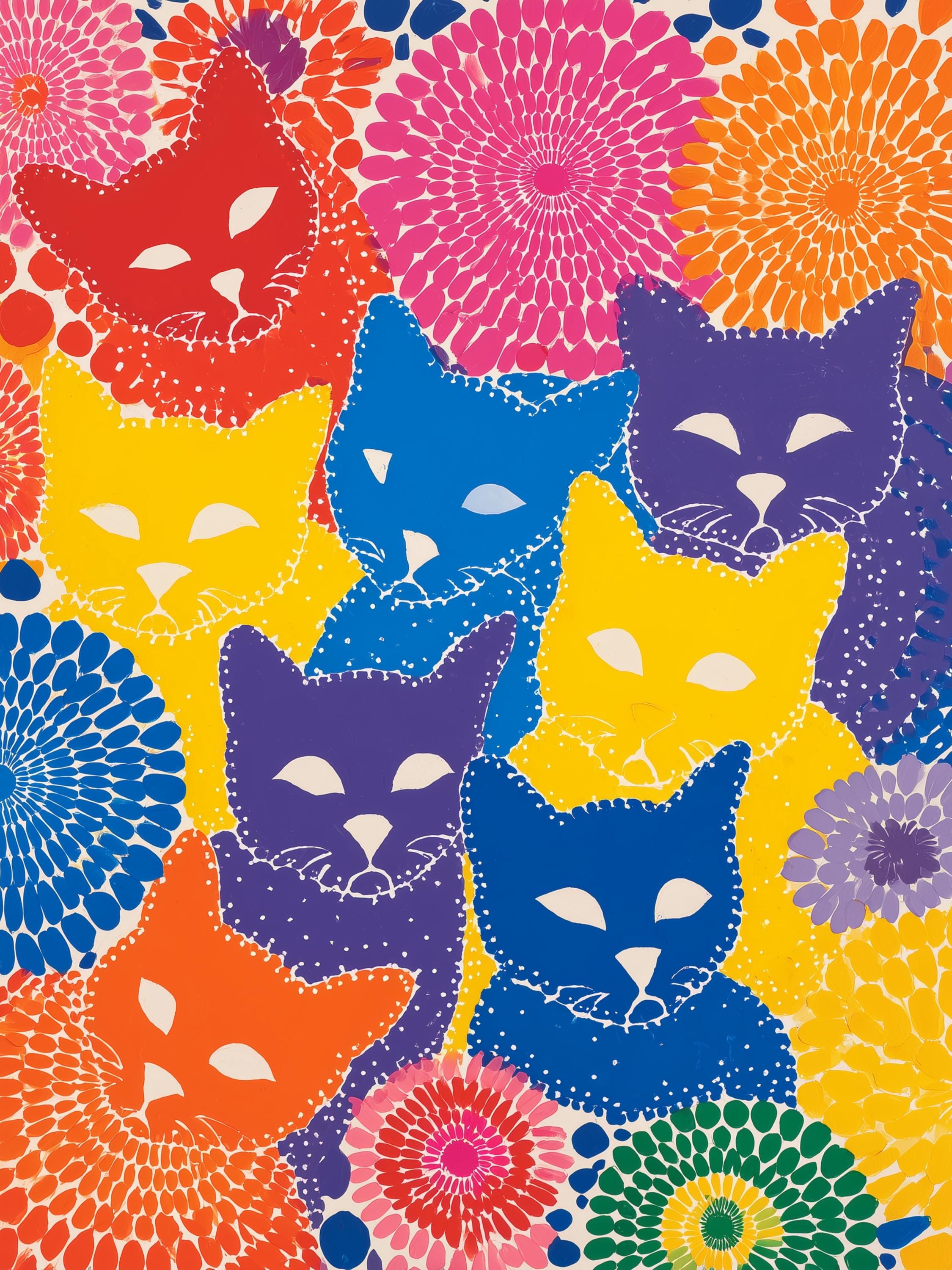 草間彌生風猫アートセット - 水玉模様の猫のプリント5枚 - デジタル