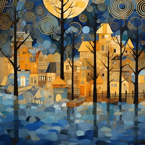 May include: A digital painting of a small town with tall trees and a large, yellow moon in the night sky. The town is made up of small, colorful buildings with windows and doors. The trees are silhouetted against the moon and sky. The sky is a deep blue with swirling patterns of gold.