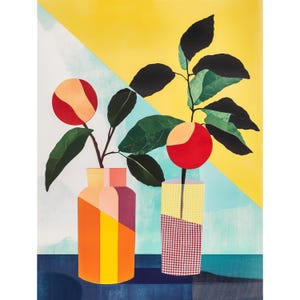 May include: Two vases, one orange and yellow with a pink top, the other a clear glass with a red and white checkered pattern, hold leafy green branches with red and orange fruit.