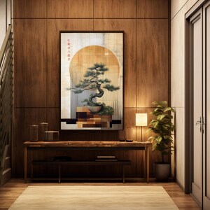 Inspirational Zen Decor - Wood Panel Styling Bonsai Print - Japandi Wall Art - Harmonious Sun Design image 4