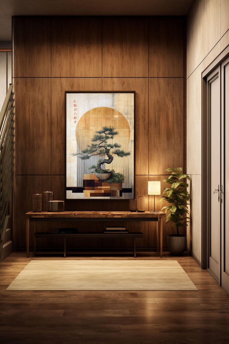 Inspirational Zen Decor - Wood Panel Styling Bonsai Print - Japandi Wall Art - Harmonious Sun Design image 4