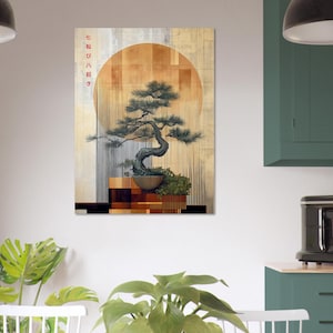 Inspirational Zen Decor - Wood Panel Styling Bonsai Print - Japandi Wall Art - Harmonious Sun Design image 10