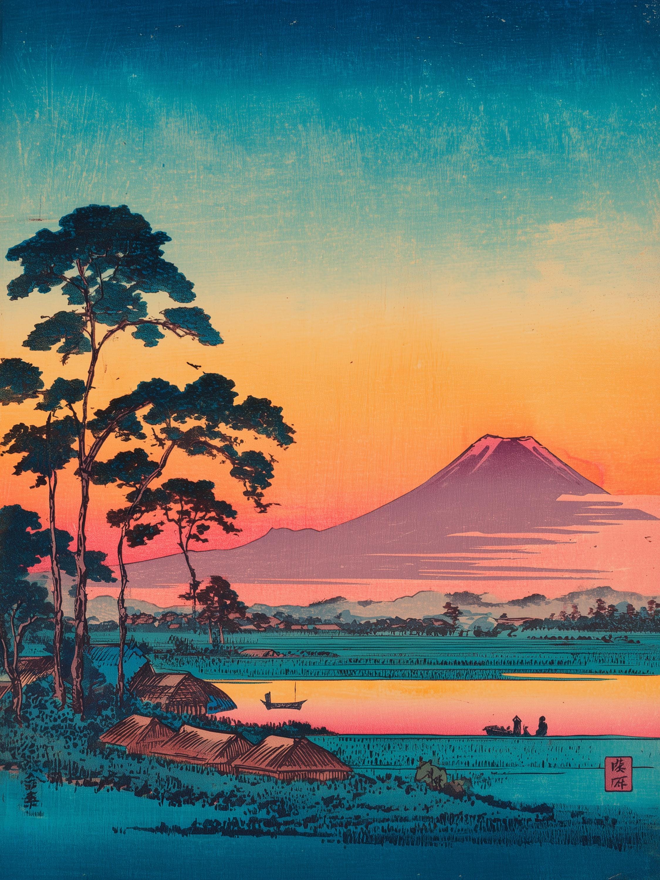 日本の木版画5枚セット、広重風アート、富士山の壁飾り、浮世絵