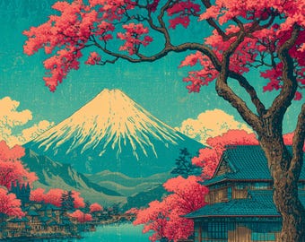 日本の木版画5枚セット、広重風アート、富士山の壁飾り、浮世絵