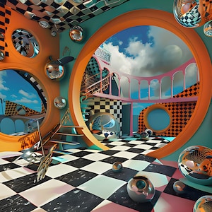 Peut inclure: Une illustration 3D surréaliste d'une pièce avec un sol à damiers et de multiples ouvertures circulaires dans les murs. Les ouvertures révèlent un ciel avec des nuages et une structure rose et orange avec des arches. La pièce est décorée de sphères argentées.
