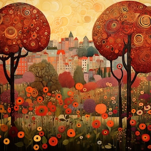 Incredible Gustav Klimt Art Set -  Inspired Landscapes in 25K!  Set of 5.  Digital Download, Brilliant Red