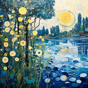 May include: A painting depicting a blue lake with a yellow sun in the background. The lake is surrounded by trees and a field of yellow flowers. The water is painted with a swirling pattern.