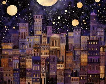 Paisaje urbano de cuento de hadas (5 piezas) / Arte de horizonte místico / Impresiones de descarga instantánea / Decoración encantadora