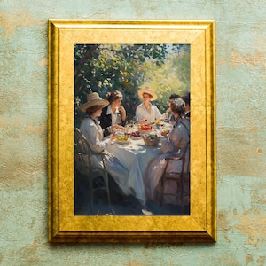 Stampa artistica "Elegante brunch in giardino" - Donne in stile vintage che cenano all'aperto, riunione estiva impressionista, decorazione murale romantica