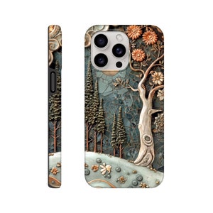 May include: A phone case with a mosaic design featuring a tree with flowers, a moon, and a forest. The case is made of a durable material and has a protective layer to prevent scratches.
