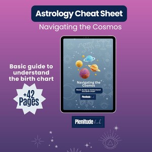 Puede incluir: Una hoja de trucos de astrología titulada "Navigating the Cosmos" en una tableta. La imagen incluye el texto "Basic guide to understand the birth chart" y "+42 Pages". La tableta muestra planetas y estrellas. También es visible el logotipo de Plenitude hub.