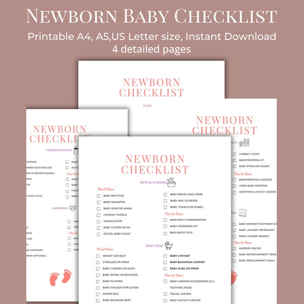 Baby Essentials Checklist - Must Haves and Nice to Haves - Newborn Essentials - Instant Download -4-Page Printable in A4, A5, & 8.5x11